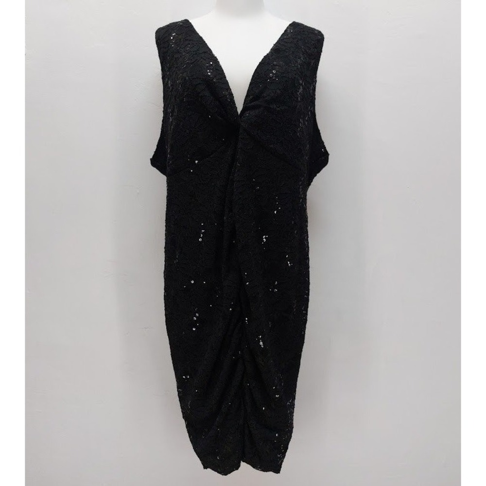 Torrid Lace Sequin Cocktail Dress Women's 26 Black Ruched V-Neck Bodycon Midi